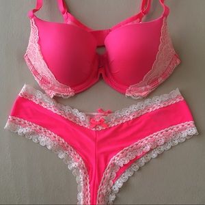 NWOT VS 2 Piece Set Neon Pink/Beige Lace 34B/Sz S